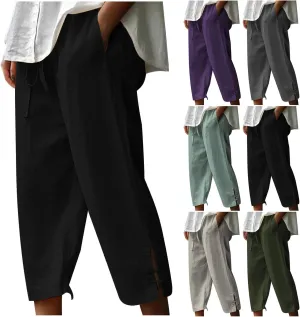 Linen Capri Pants Women Summer 2025 Drawstring High Waist Lounge Pant Wide Leg Beach Resort Wear Cropped Trousers