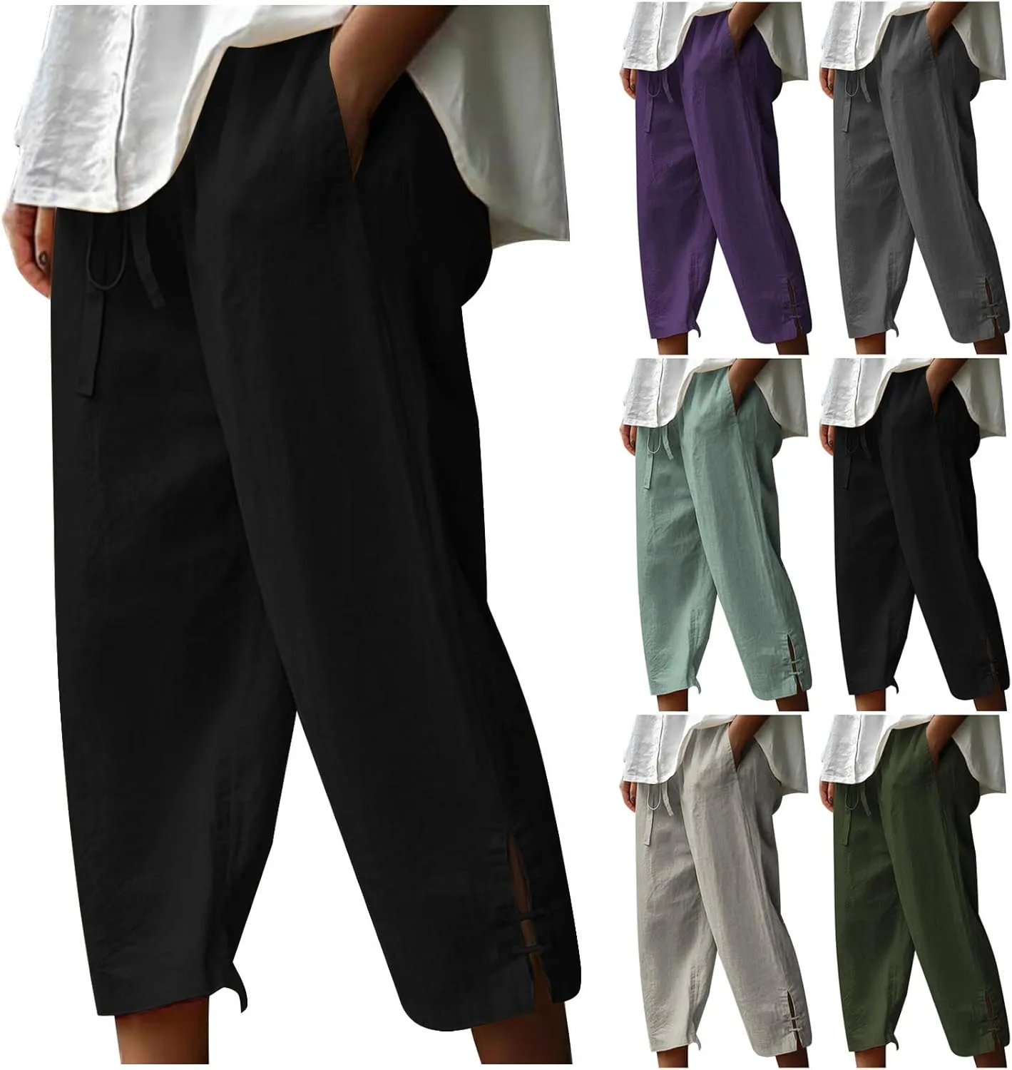 Linen Capri Pants Women Summer 2025 Drawstring High Waist Lounge Pant Wide Leg Beach Resort Wear Cropped Trousers