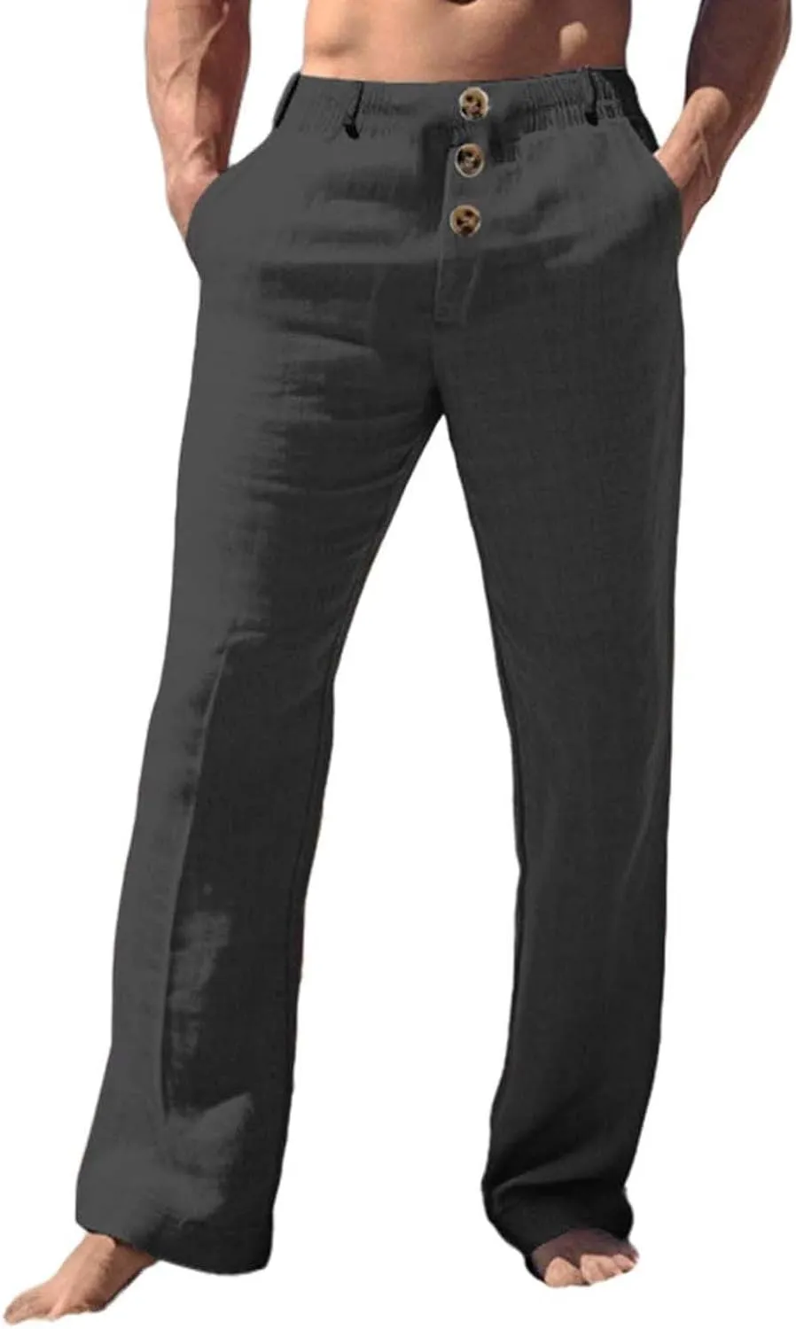 Linen Pants for Mens Casual Button Loose Summer Jogger Pant Cotton Linen Lightweight Solid Sweatpant Hipster Beach Trousers