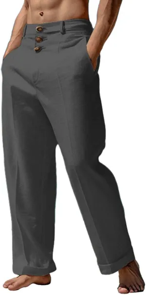 Linen Pants for Mens Casual Button Loose Summer Jogger Pant Cotton Linen Lightweight Solid Sweatpant Hipster Beach Trousers