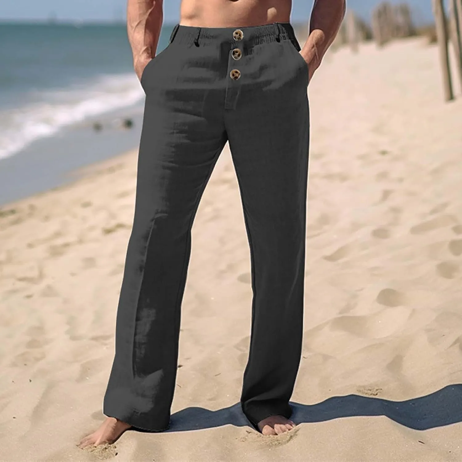 Linen Pants for Mens Casual Button Loose Summer Jogger Pant Cotton Linen Lightweight Solid Sweatpant Hipster Beach Trousers