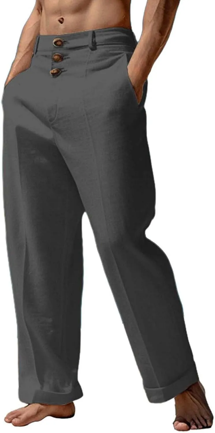 Linen Pants for Mens Casual Button Loose Summer Jogger Pant Cotton Linen Lightweight Solid Sweatpant Hipster Beach Trousers
