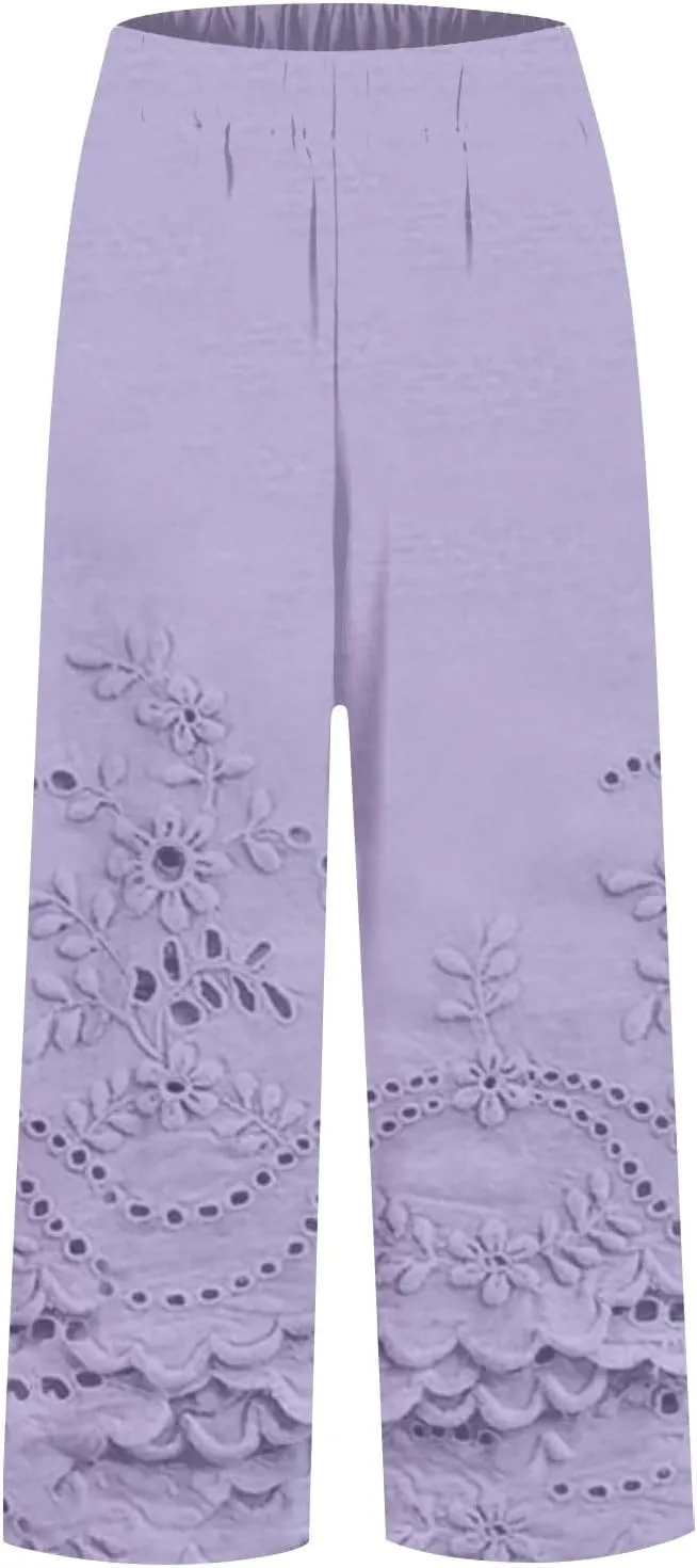 Linen Pants for Women Casual Loose High Waist Wide Leg Palazzo Pants 2025 Summer Boho Floral Flowy Beach Trousers