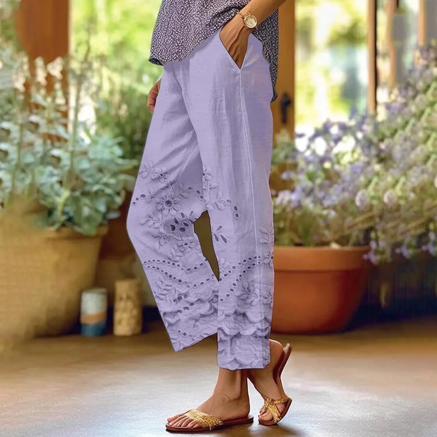 Linen Pants for Women Casual Loose High Waist Wide Leg Palazzo Pants 2025 Summer Boho Floral Flowy Beach Trousers