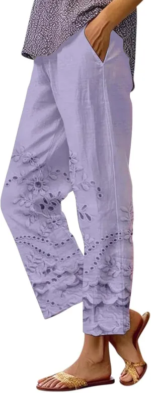 Linen Pants for Women Casual Loose High Waist Wide Leg Palazzo Pants 2025 Summer Boho Floral Flowy Beach Trousers