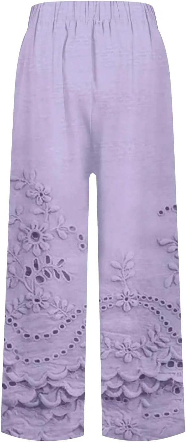 Linen Pants for Women Casual Loose High Waist Wide Leg Palazzo Pants 2025 Summer Boho Floral Flowy Beach Trousers