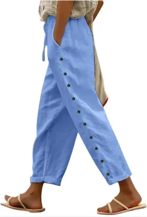 Linen Pants for Women Wide Straight Leg Side Button Pants 2025 Trendy Baggy Elastic Waist Trousers with Pockets
