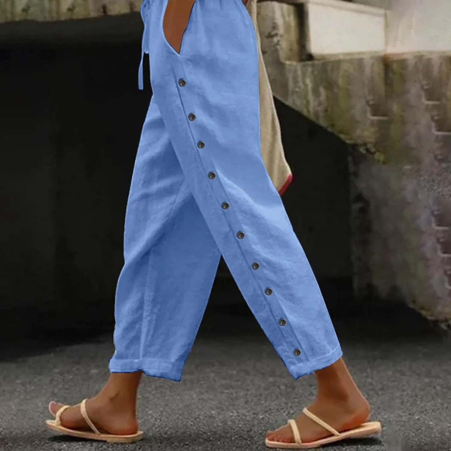 Linen Pants for Women Wide Straight Leg Side Button Pants 2025 Trendy Baggy Elastic Waist Trousers with Pockets