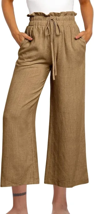 Linen Pants Women Summer Casual Loose Wide Leg Flowy Pants Business Work Travel Plus Size Pants Trousers with Pckets