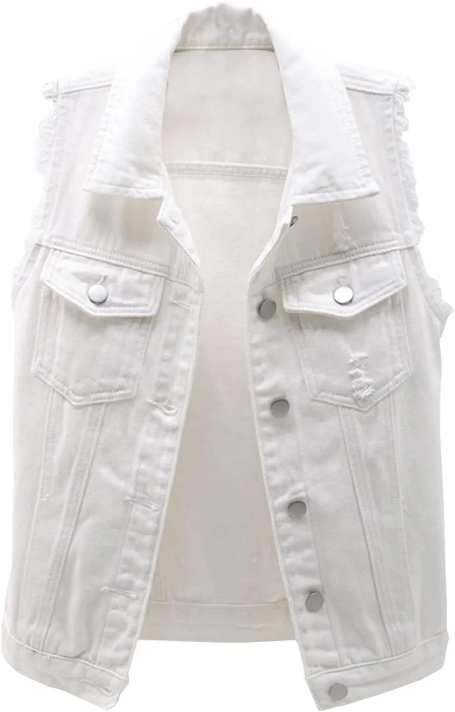 Locachy Women's Casual Denim Vest Jacket Slim Fit Sleeveless Ripped Tops