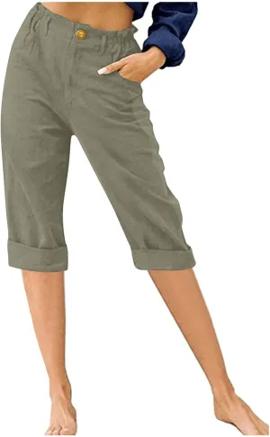 LRMQS Womens Capris for Summer Cotton Linen Pants Casual 2025 Loose Comfy Trendy Elastic Waist Cropped Trouser Beach Clothes