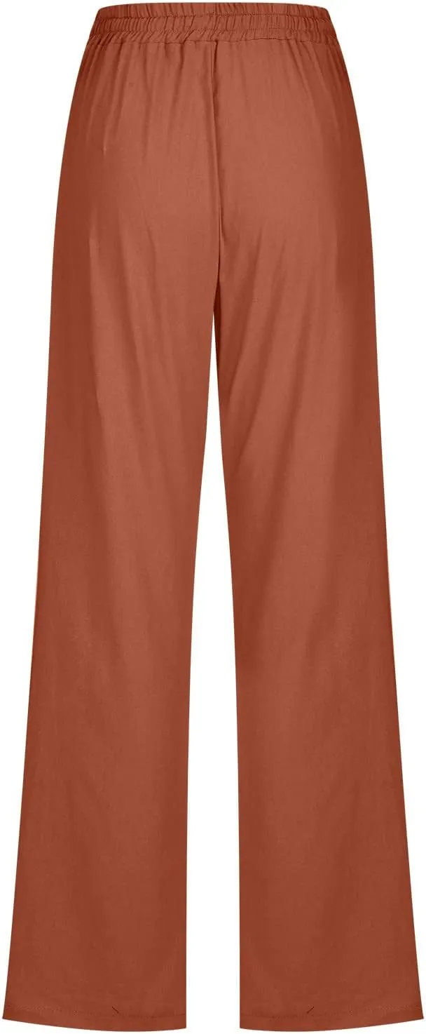 LRMQS Womens Casual Linen Pants 2024 Spring Drawstring Elastic Waist Trousers with Pockets Lounge Fashion Vacation Clothing