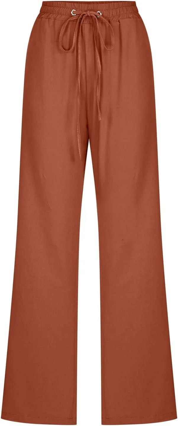 LRMQS Womens Casual Linen Pants 2024 Spring Drawstring Elastic Waist Trousers with Pockets Lounge Fashion Vacation Clothing