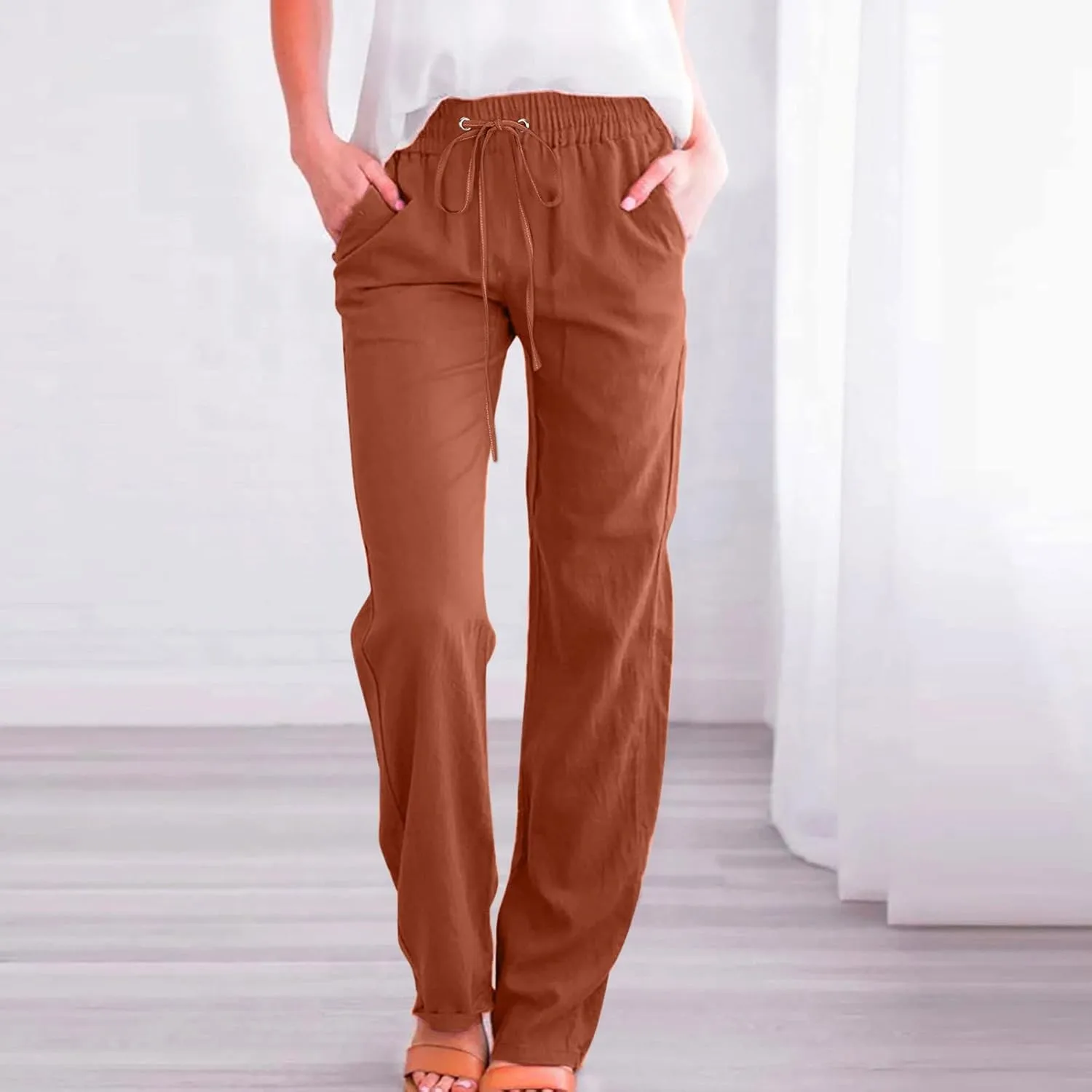 LRMQS Womens Casual Linen Pants 2024 Spring Drawstring Elastic Waist Trousers with Pockets Lounge Fashion Vacation Clothing