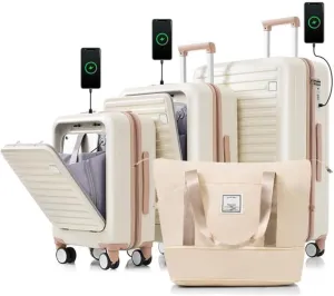 Luggage Set of 4 with USB Port, 20, 24inch with Front Opening Design Airline Certified Carry on Luggage with Cup Holder, ABS Hard Shell Luggage with Expandable Travel Bag, Ivory and Gloden
