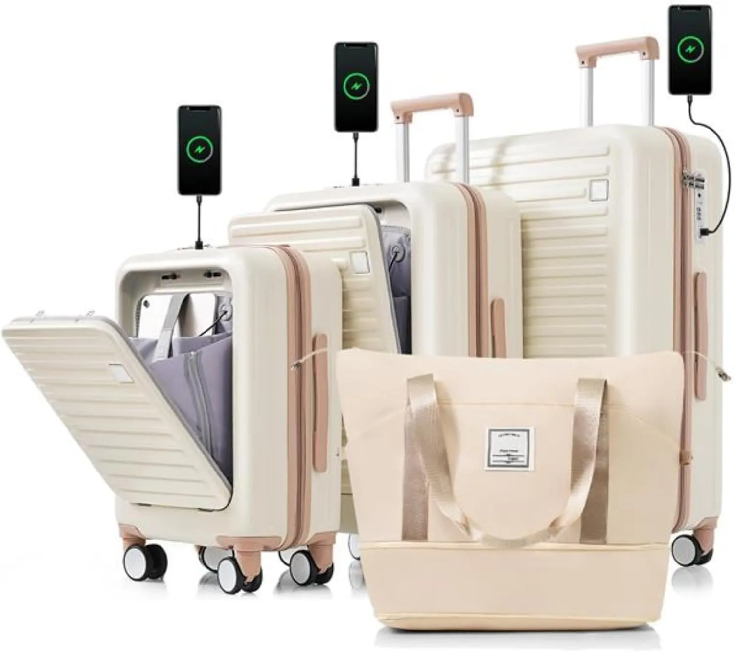 Luggage Set of 4 with USB Port, 20, 24inch with Front Opening Design Airline Certified Carry on Luggage with Cup Holder, ABS Hard Shell Luggage with Expandable Travel Bag, Ivory and Gloden