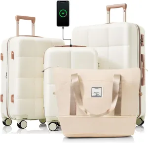 Luggage Sets 4 Piece, 20-inch with USB Port, Expandable ABS Durable Suitcase with Travel Bag, Cup Holder, ABS Hard Shell Luggage with Spinner Wheels, Beige