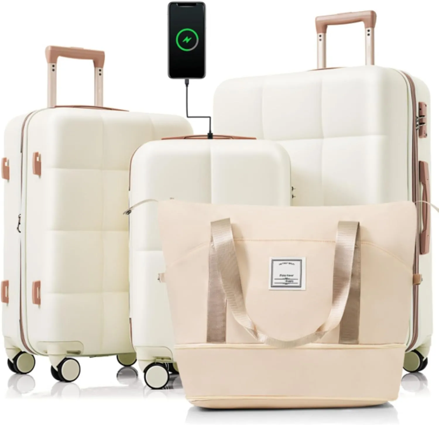 Luggage Sets 4 Piece, 20-inch with USB Port, Expandable ABS Durable Suitcase with Travel Bag, Cup Holder, ABS Hard Shell Luggage with Spinner Wheels, Beige