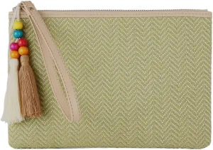 Luxury Straw Wristlet Pouch Beach Clutch Bag Small Summer Vacation Purse w. Colorful Pom Poms Tassels for Women