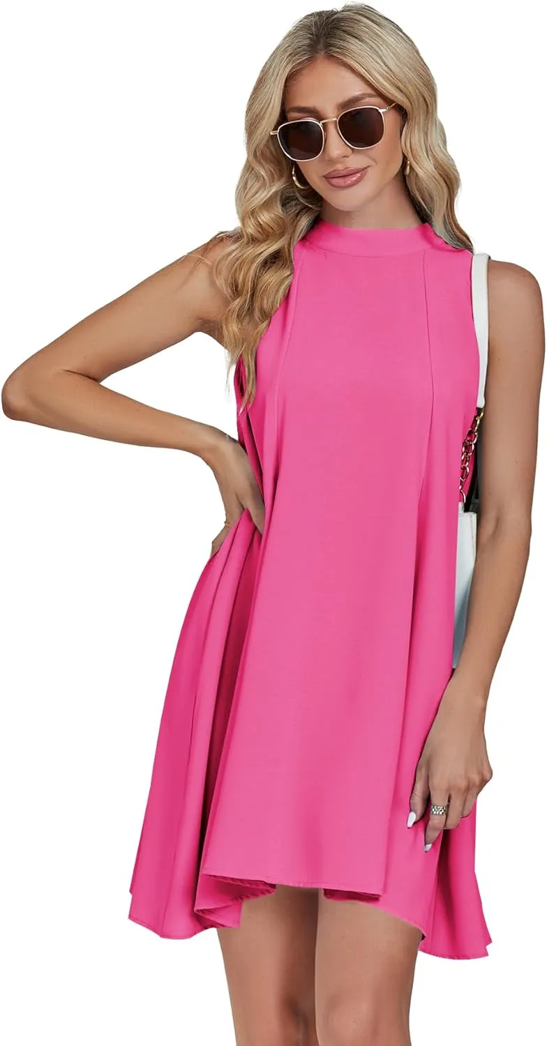 LYANER Womens Summer Mock Neck Sleeveless Loose Tank Top Pleated Mini Beach Dress Sundress