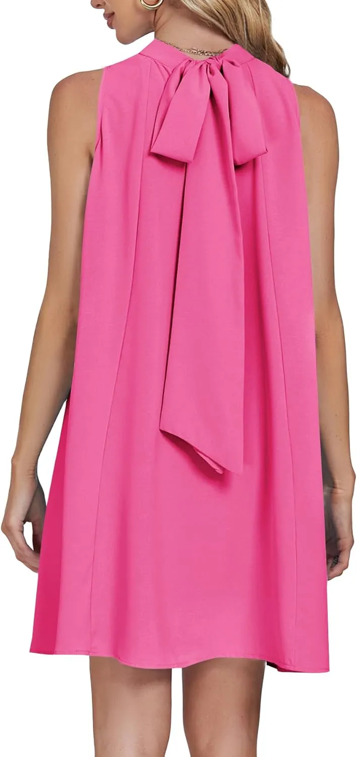 LYANER Womens Summer Mock Neck Sleeveless Loose Tank Top Pleated Mini Beach Dress Sundress