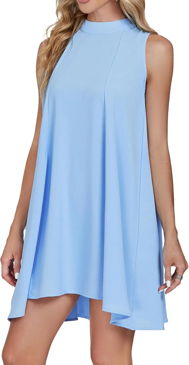 LYANER Womens Summer Mock Neck Sleeveless Loose Tank Top Pleated Mini Beach Dress Sundress