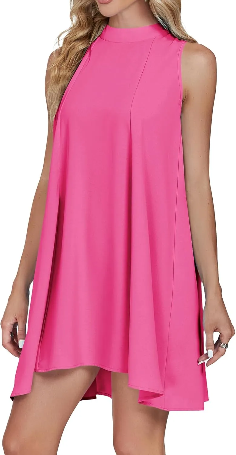 LYANER Womens Summer Mock Neck Sleeveless Loose Tank Top Pleated Mini Beach Dress Sundress