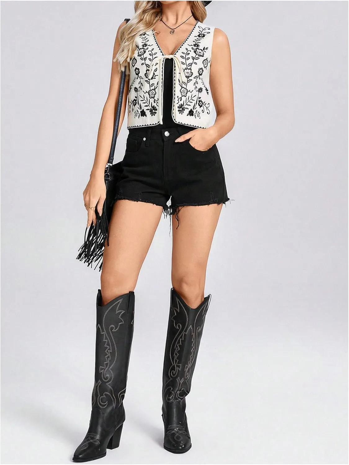 MakeMeChic Women's Floral Embroidery Vest Tie Front Sleeveless Vintage Crop Tops