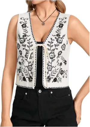 MakeMeChic Women's Floral Embroidery Vest Tie Front Sleeveless Vintage Crop Tops