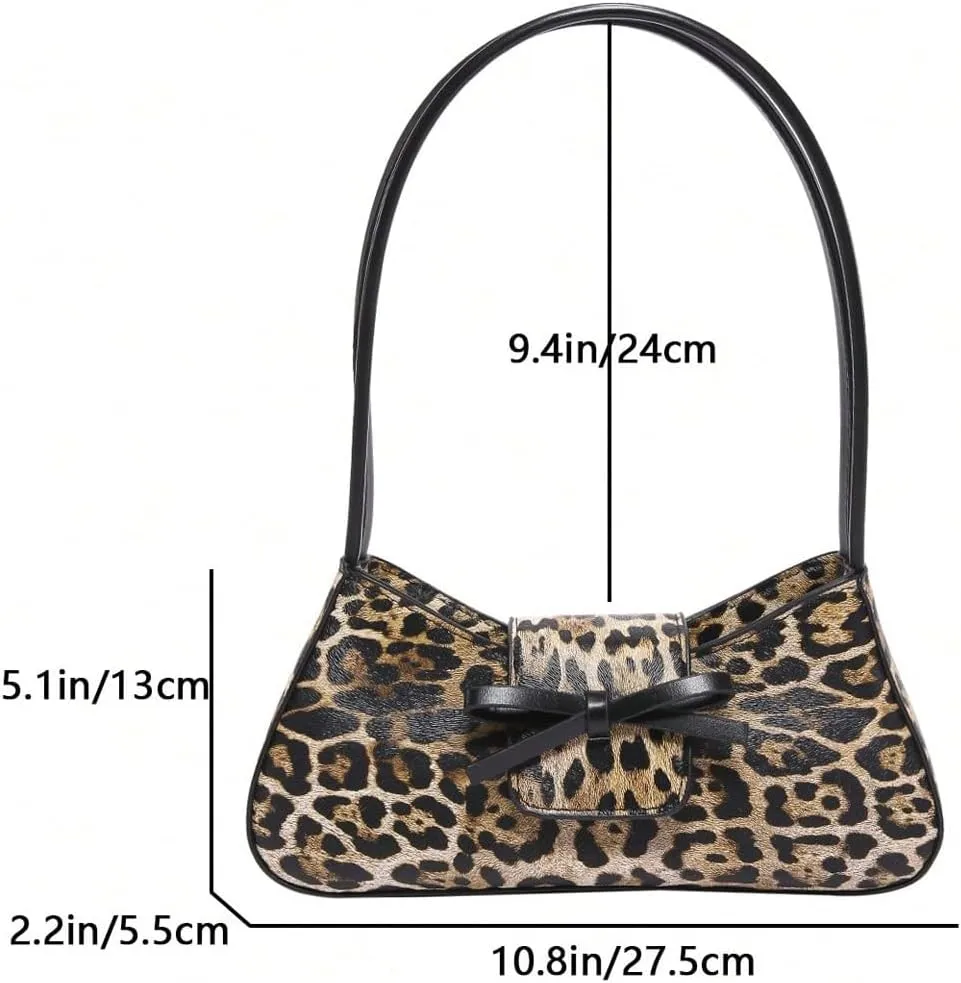MakeMeChic Women's Leather Leopard Print Shoulder Bag Bow Top Handle Zipper Clutch Purse Hobo Handbag