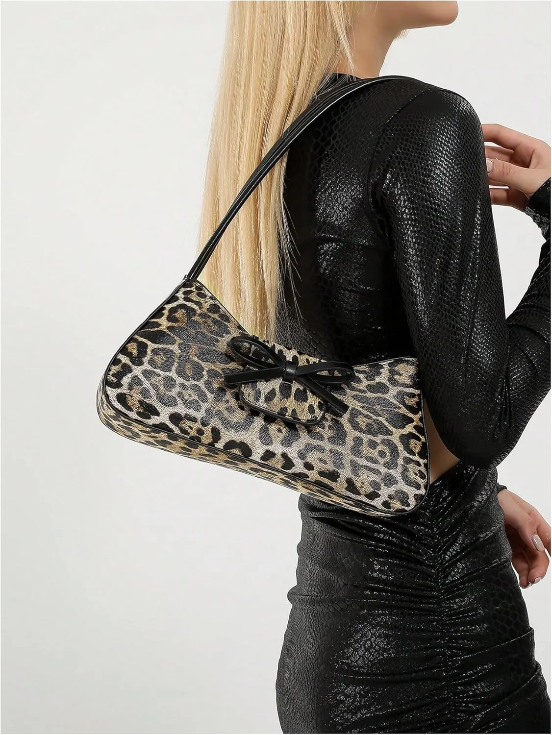 MakeMeChic Women's Leather Leopard Print Shoulder Bag Bow Top Handle Zipper Clutch Purse Hobo Handbag
