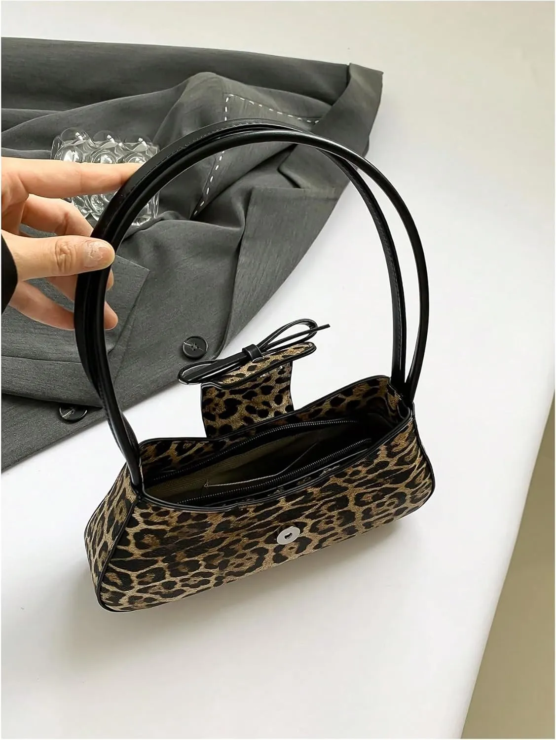 MakeMeChic Women's Leather Leopard Print Shoulder Bag Bow Top Handle Zipper Clutch Purse Hobo Handbag