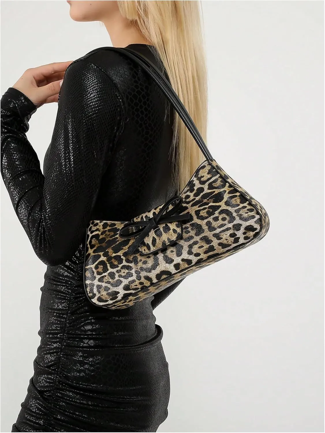 MakeMeChic Women's Leather Leopard Print Shoulder Bag Bow Top Handle Zipper Clutch Purse Hobo Handbag