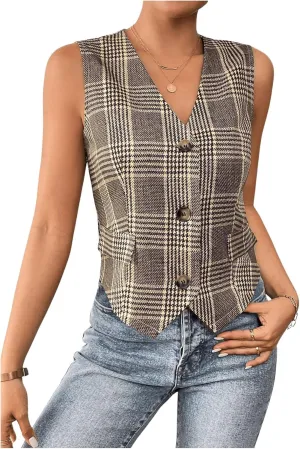 MakeMeChic Women's Plaid Button Down Vest Tops Sleeveless Jacket Vintage Blazer Waistcoat