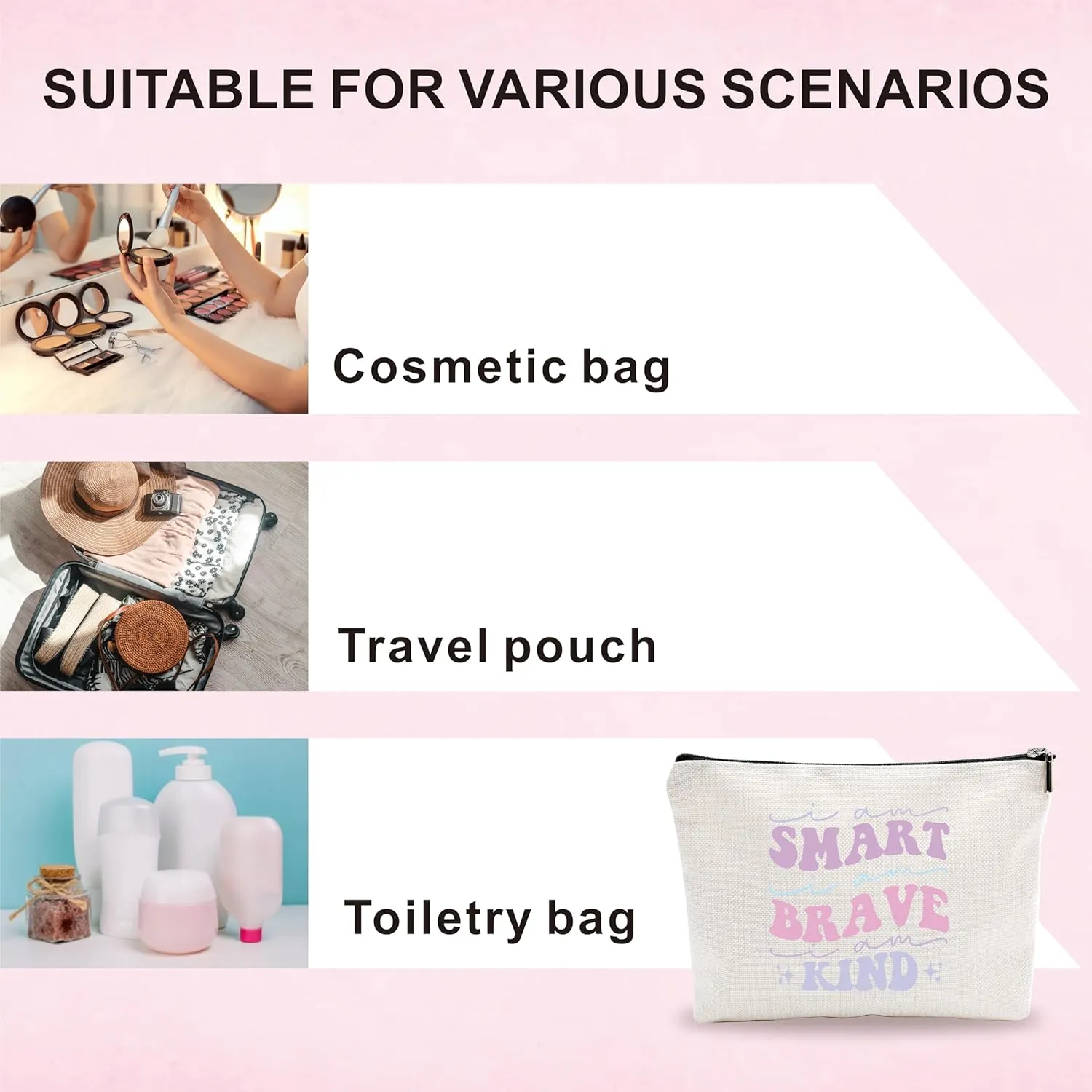 Makeup Bag For Girls - Smart, Brave, Kind - Positive Quotes Small Cosmetic Bag, Encouraging Gift For Women, Girls, Sister, Cotton And Linen Makeup Bag, Women Accessories & Decorations - 07