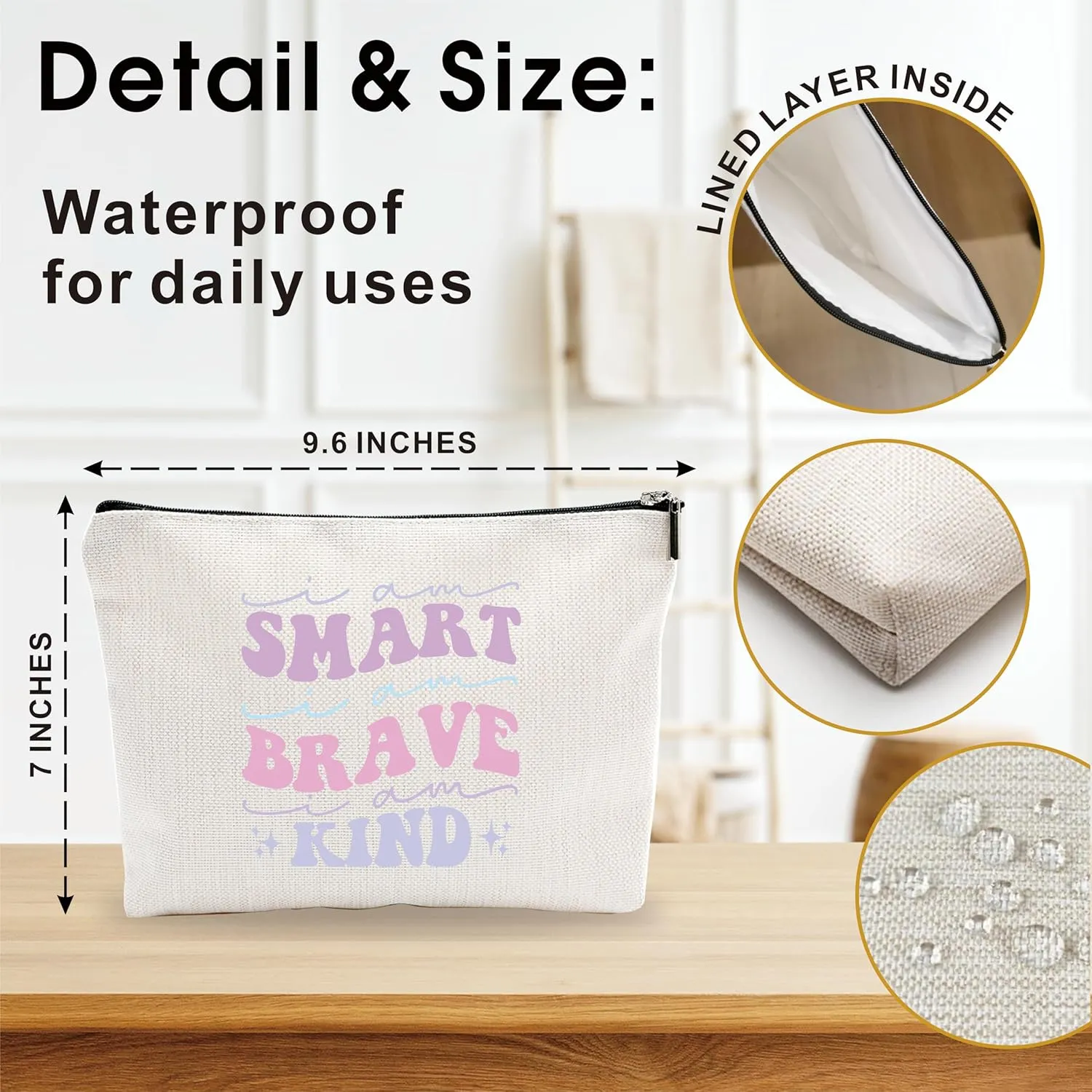 Makeup Bag For Girls - Smart, Brave, Kind - Positive Quotes Small Cosmetic Bag, Encouraging Gift For Women, Girls, Sister, Cotton And Linen Makeup Bag, Women Accessories & Decorations - 07