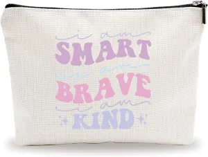 Makeup Bag For Girls - Smart, Brave, Kind - Positive Quotes Small Cosmetic Bag, Encouraging Gift For Women, Girls, Sister, Cotton And Linen Makeup Bag, Women Accessories & Decorations - 07