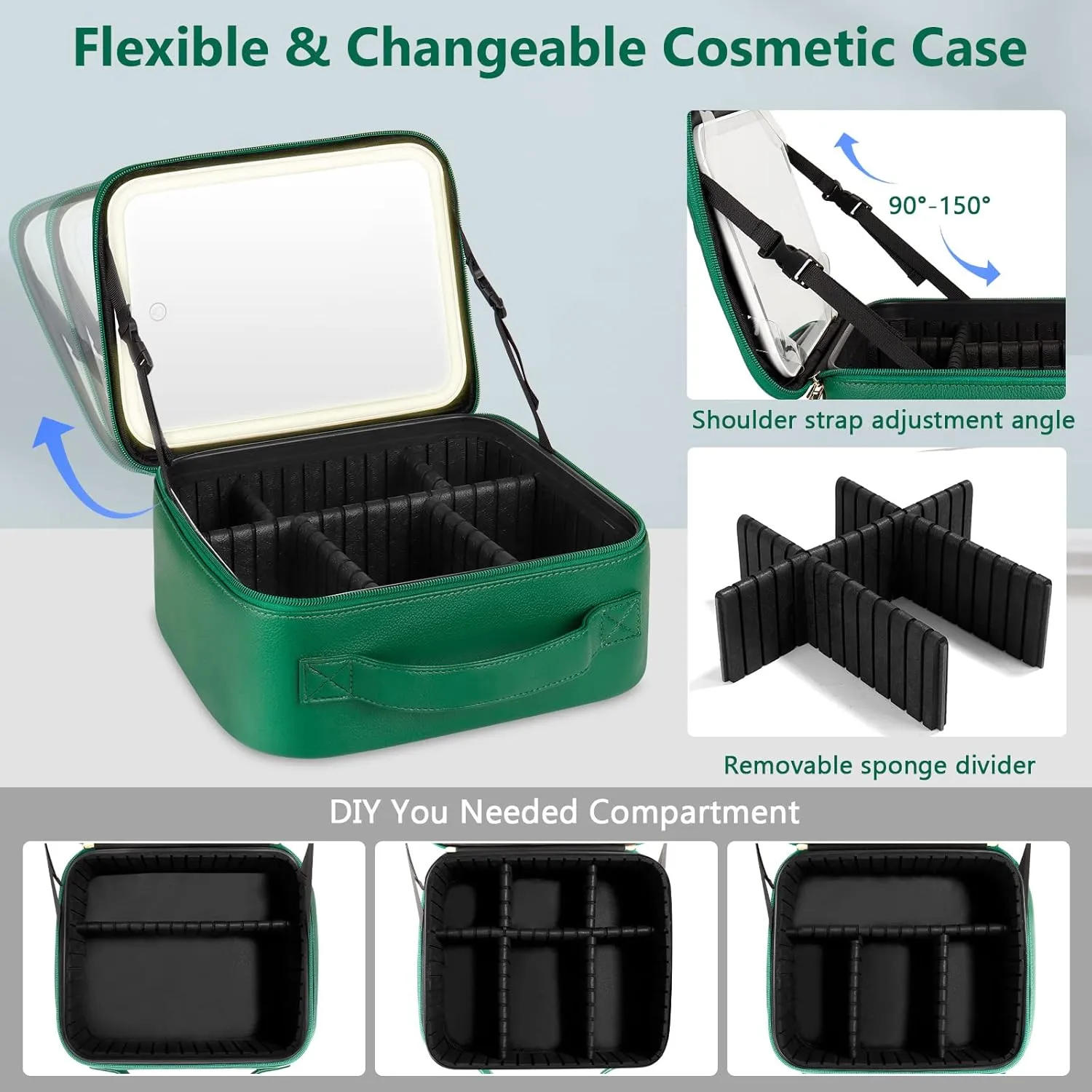 Makeup Bag with Lighted Mirror, Travel Make up Train Case with Rechargable Compact Vanity Mirror and 10x Magnifying Mirror, Adjustable Dividers Cosmetics Organizer for Women (Green)