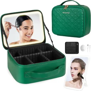 Makeup Bag with Lighted Mirror, Travel Make up Train Case with Rechargable Compact Vanity Mirror and 10x Magnifying Mirror, Adjustable Dividers Cosmetics Organizer for Women (Green)