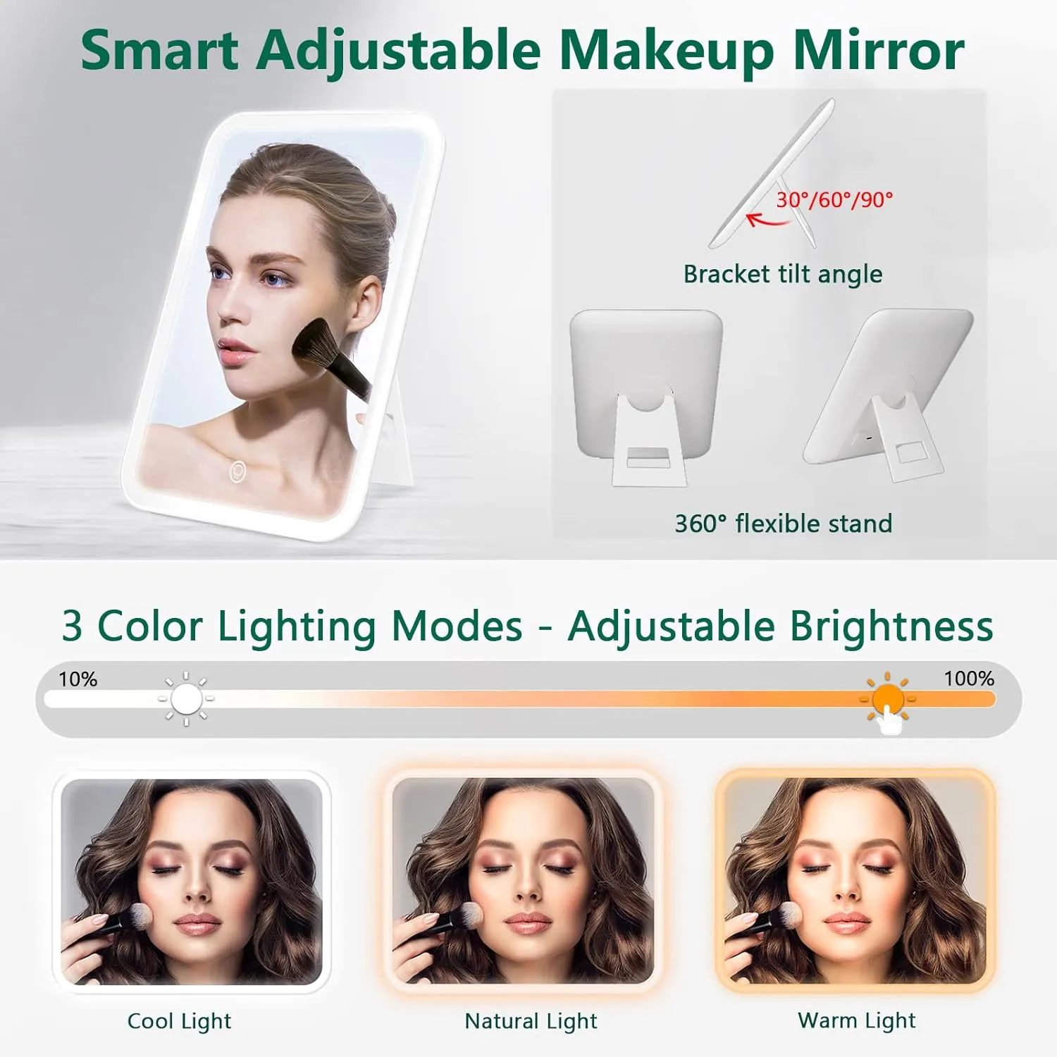 Makeup Bag with Lighted Mirror, Travel Make up Train Case with Rechargable Compact Vanity Mirror and 10x Magnifying Mirror, Adjustable Dividers Cosmetics Organizer for Women (Green)