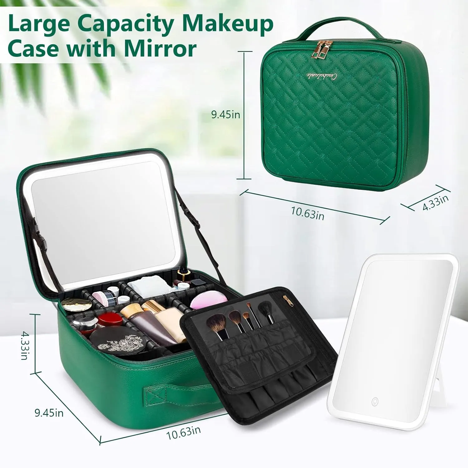 Makeup Bag with Lighted Mirror, Travel Make up Train Case with Rechargable Compact Vanity Mirror and 10x Magnifying Mirror, Adjustable Dividers Cosmetics Organizer for Women (Green)
