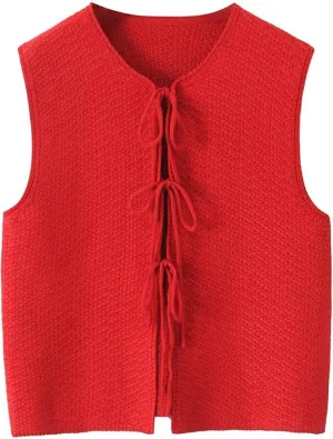 Mansy Women Tie Front Vest Top Y2k Knit V Neck Sleeveless Crop Sweater Tank Vintage Casual Streetwear