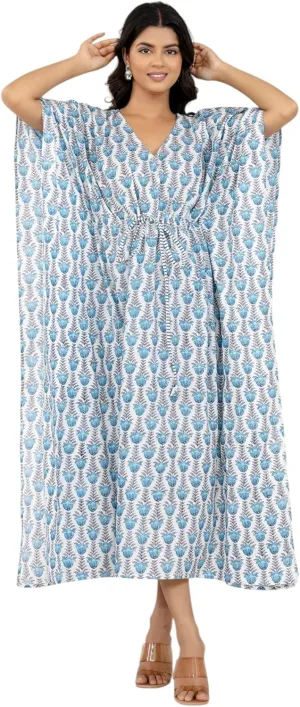 MASSTAGS Cotton Floral Print Kaftan Maxi Dress, Night Wear, Loose Fit, Loungewear, Casual Dress V-Neck, Batwing Sleeves, Blue and White Pattern, Drawstring Waist