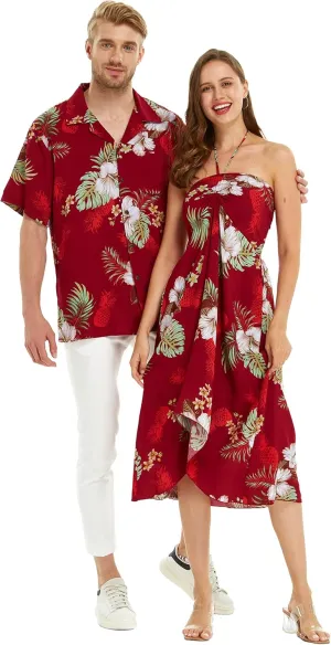 Matchable Couple Hawaiian Luau Shirt or Butterfly Dress in Pineapple Garden Burgundy