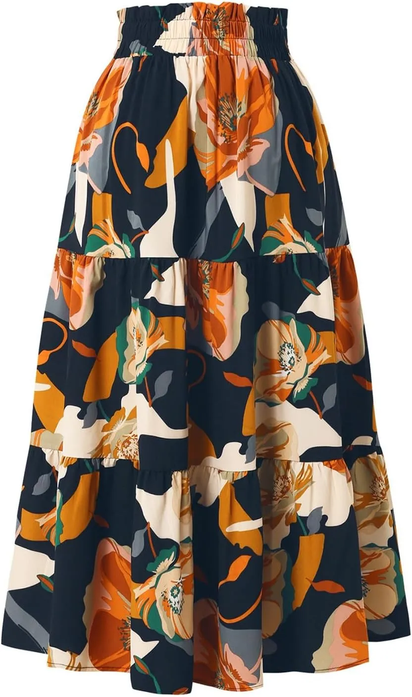 Maxi Skirts for Women,Trendy High Waisted Womens Boho Maxi Skirt with Pockets Pleated Flowy Long Skirts 2025
