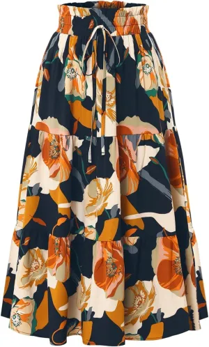 Maxi Skirts for Women,Trendy High Waisted Womens Boho Maxi Skirt with Pockets Pleated Flowy Long Skirts 2025