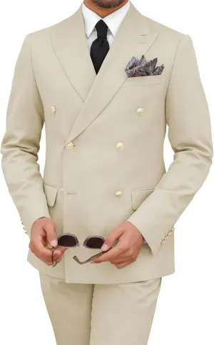 Mens 2 Piece Double Breasted Suit Regular Fit Gold Button Blazer Wedding Prom Formal Suits Set for Men