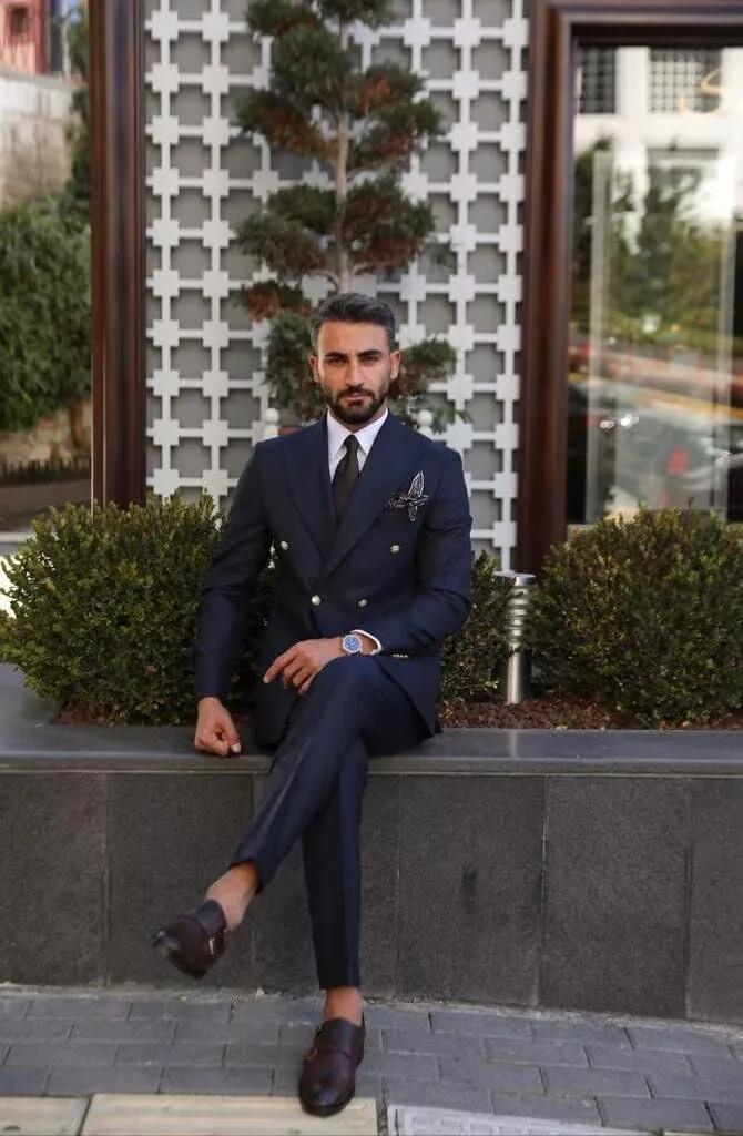 Mens 2 Piece Double Breasted Suit Regular Fit Gold Button Blazer Wedding Prom Formal Suits Set for Men