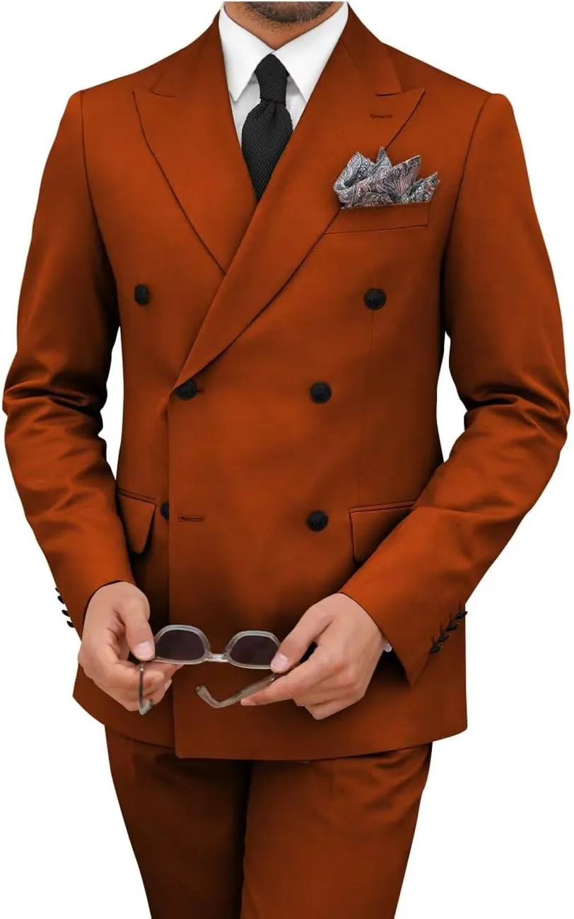 Mens 2 Piece Double Breasted Suit Regular Fit Gold Button Blazer Wedding Prom Formal Suits Set for Men
