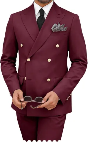 Mens 2 Piece Double Breasted Suit Regular Fit Gold Button Blazer Wedding Prom Formal Suits Set for Men
